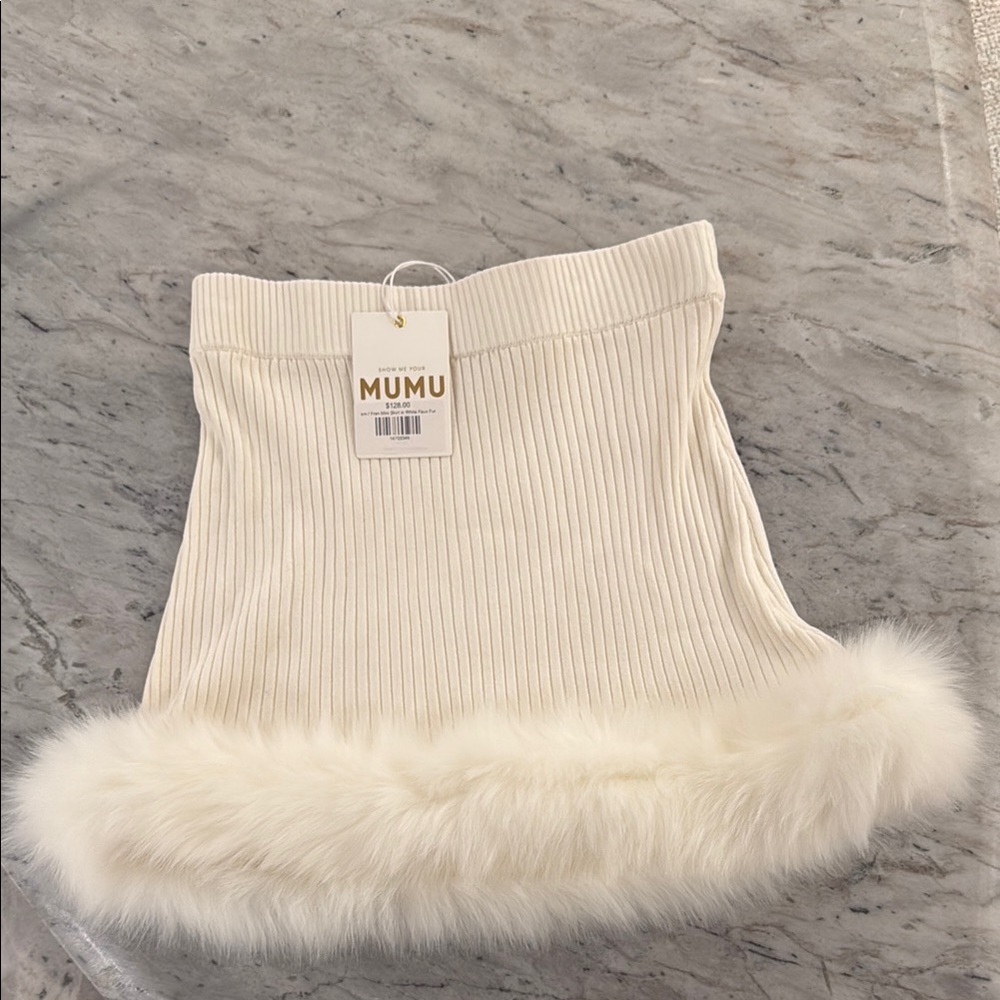 Mumu White Ribbed Skirt with Faux Fur Hem